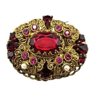 Vintage West Germany Brooch Red Pink Rhinestones Faux Pearls Signed Jewelry Vict